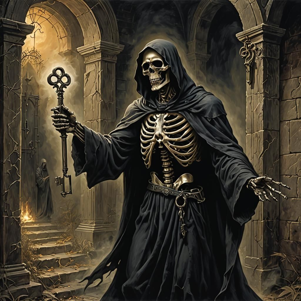 Grim Reaper with Skeleton Key Approaching Jesus