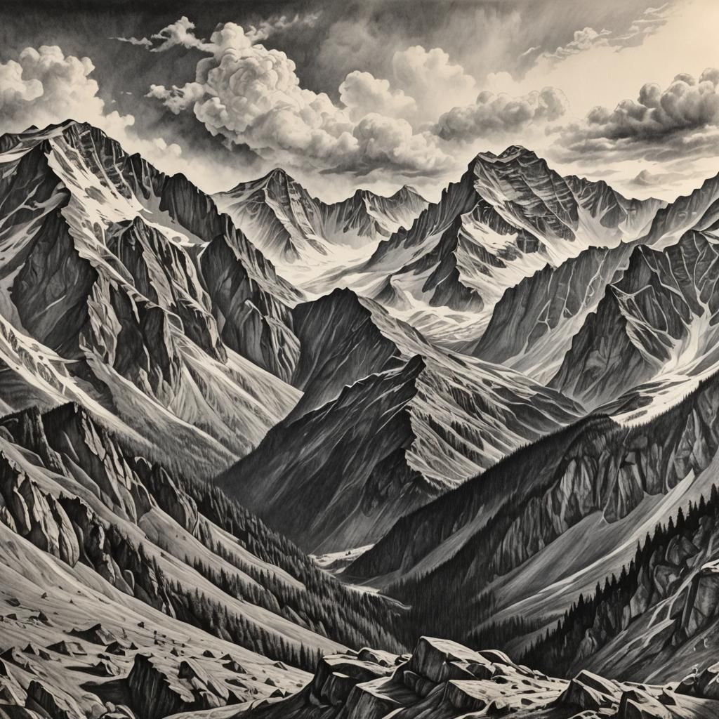 Lammergeier in Mountain Landscape: Charcoal Drawing