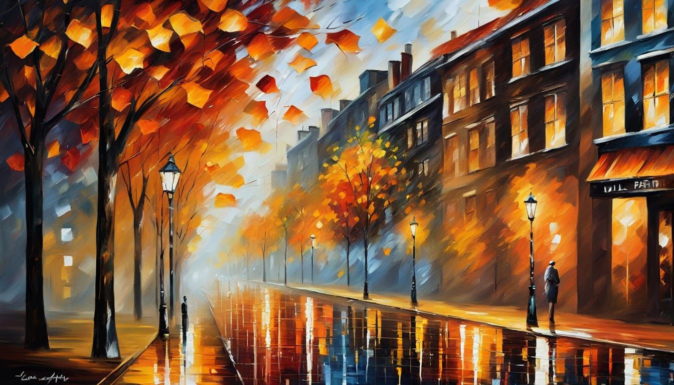 Autumn City Street with Golden Hour Light and Falling Leaves