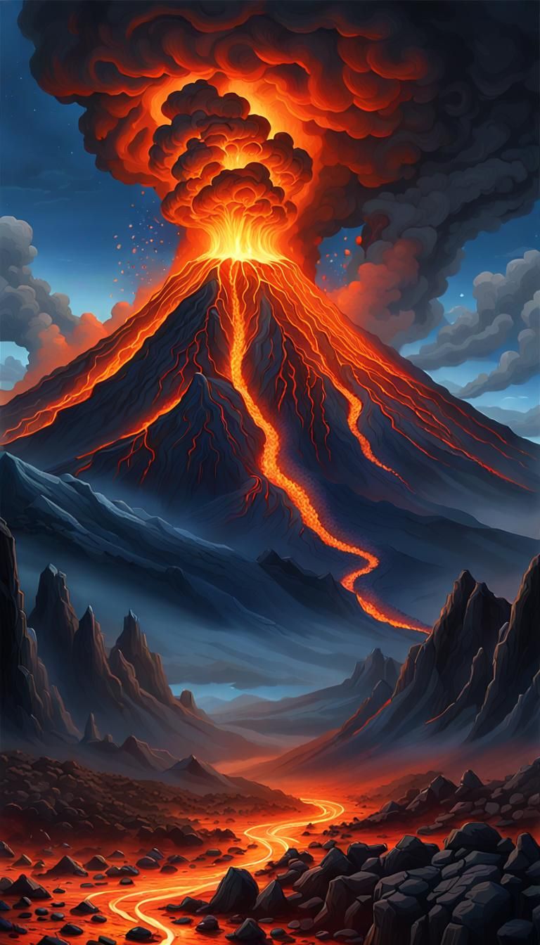 Volcanic Eruption at Night in Dramatic Lighting