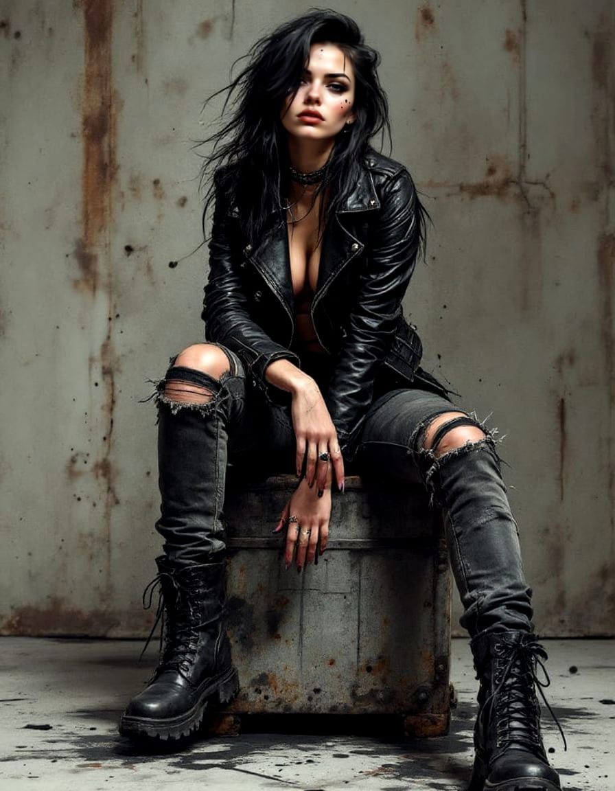 Edgy Girl Poses on Industrial Box in Charcoal Ink Style
