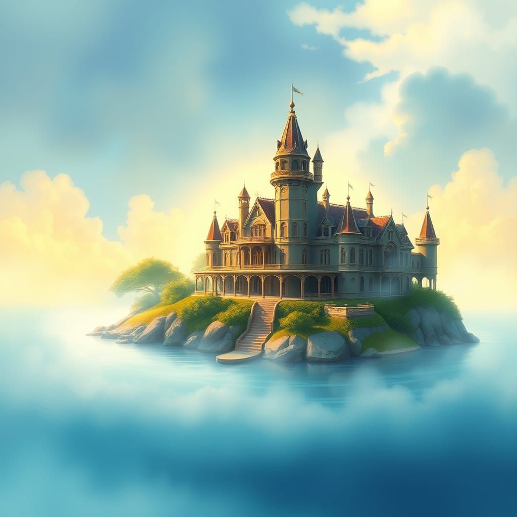 Whimsical Oceanic Mansion in Dreamlike Splendor