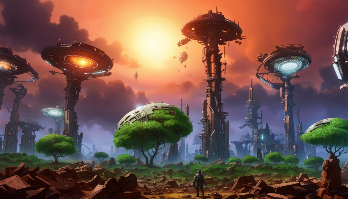 midground, highly detailed, ruined futuristic city, rubble, decaying buldings, destroyed machines, scifi, alien world, 8...