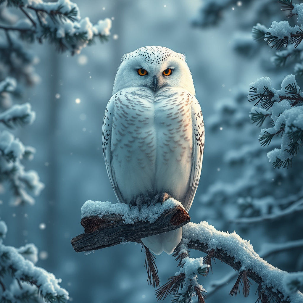 Snowy Owl in Winter Forest, Fantasy Concept Art