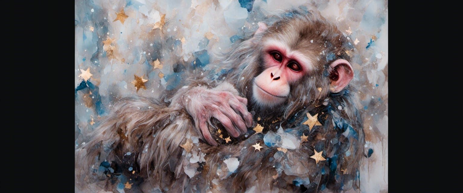 Snow Monkey Wizard Dreams in Starry Fantasy Art