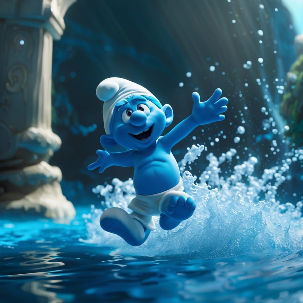 Cute Smurf Jumps into Blue Swimming Pool