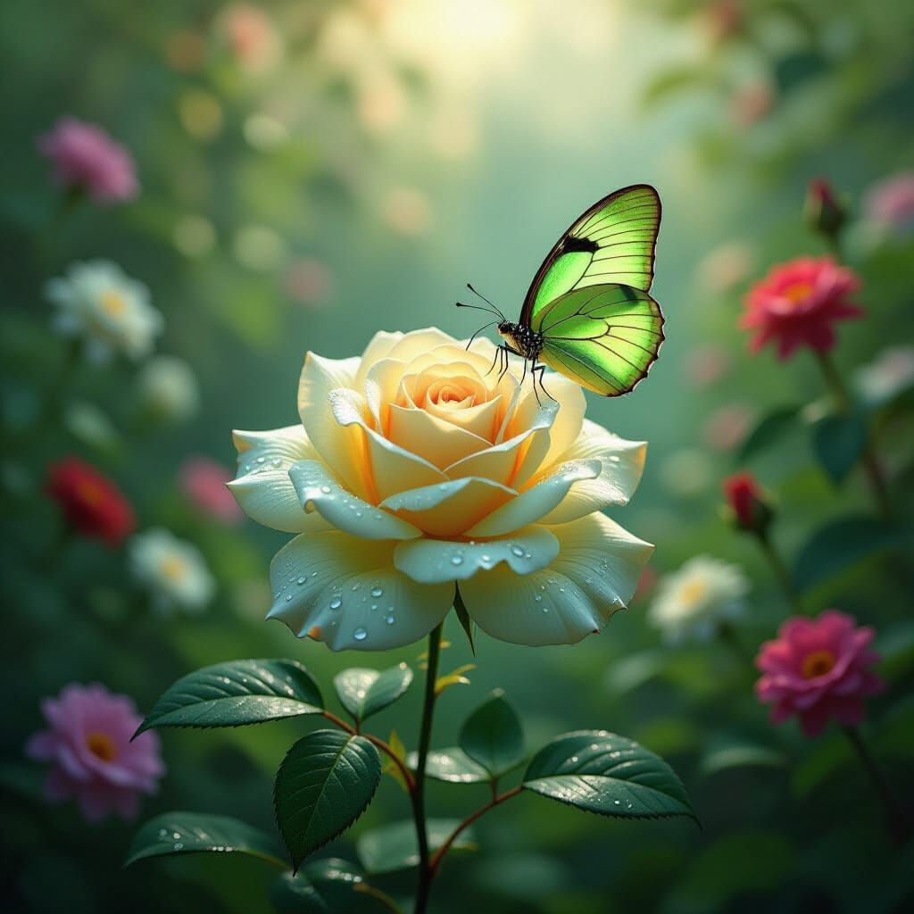 Emerald Rose and Butterfly in Lush Garden