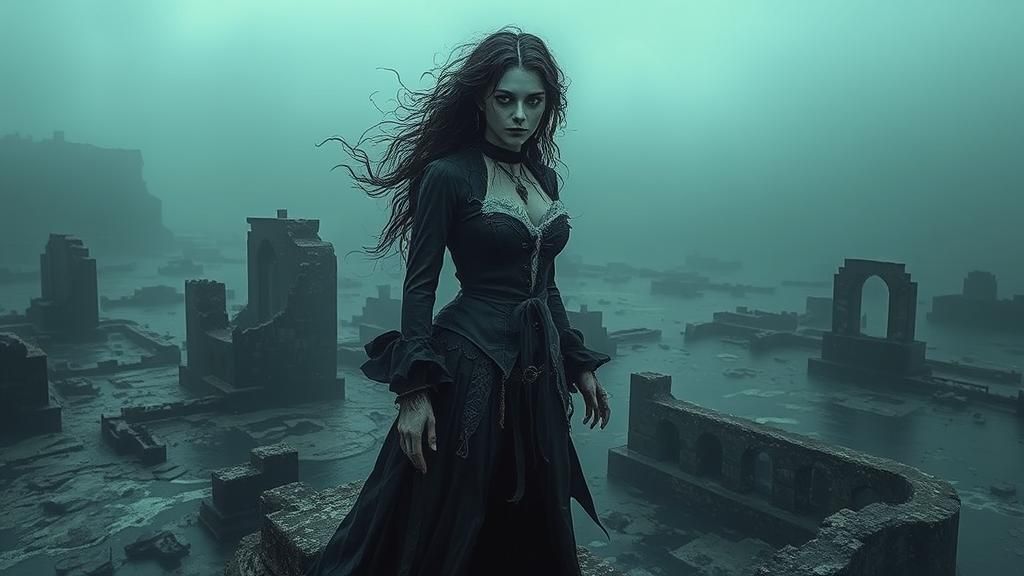 Siren in Victorian Mourning on Submerged Ruins