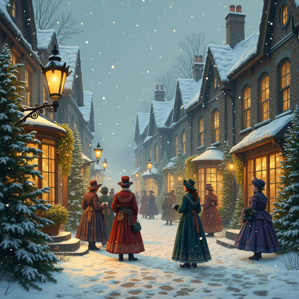 Victorian Christmas Village Scene with Snowflakes
