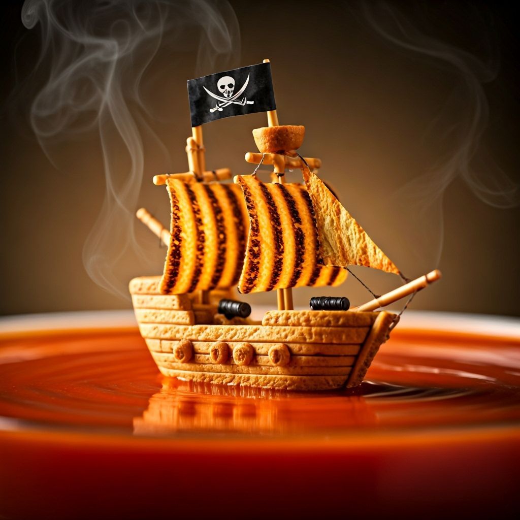 Golden Bread Pirate Ship in Tomato Soup Sea