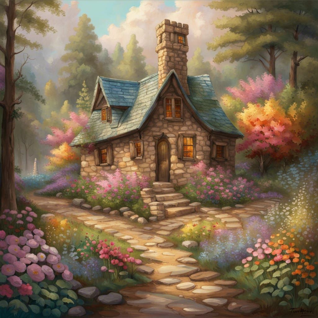 Pastel Cabin in Woods with Dragonflies as Impasto Gouache