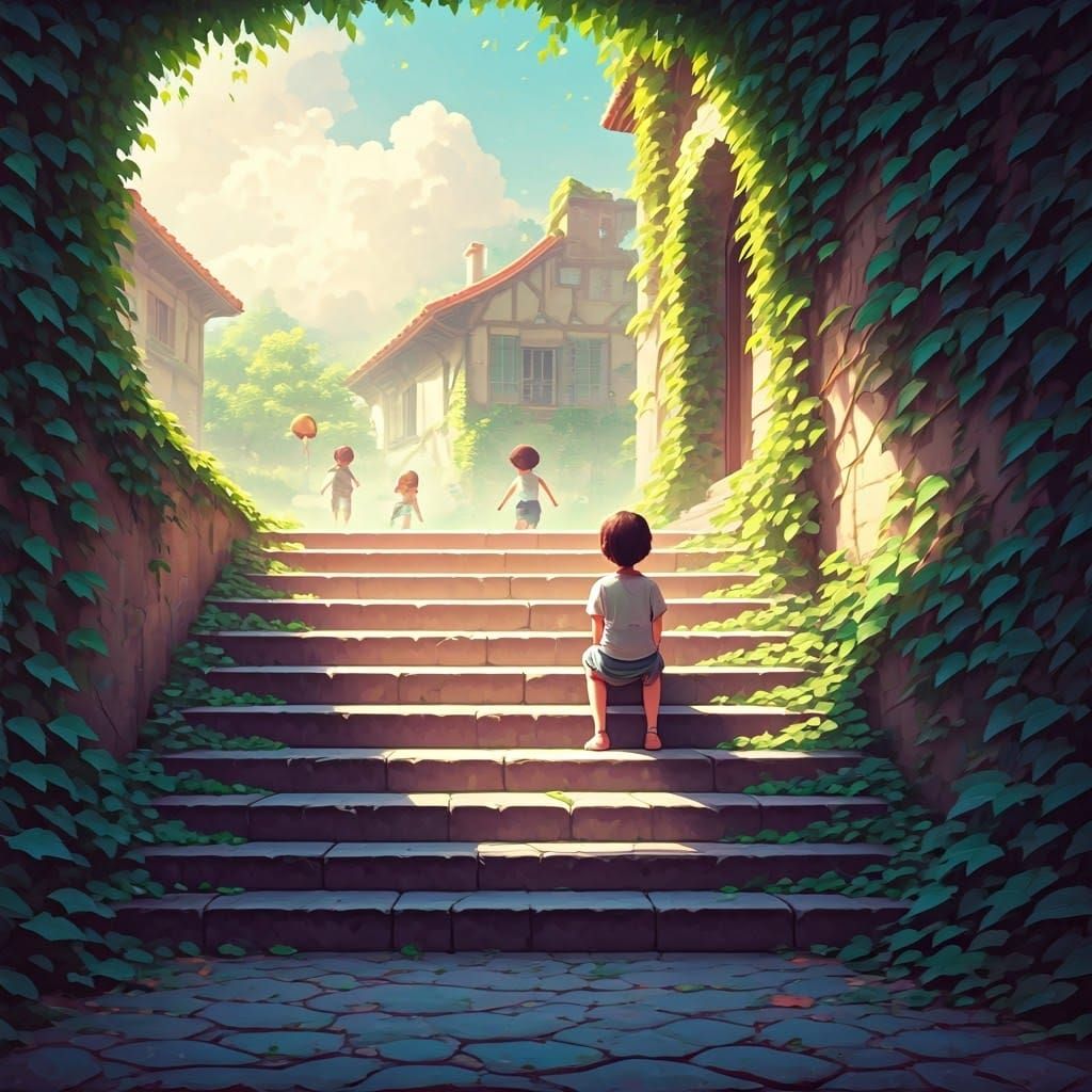 Child Surrounded by Whimsical Village Life in Pastel Hues