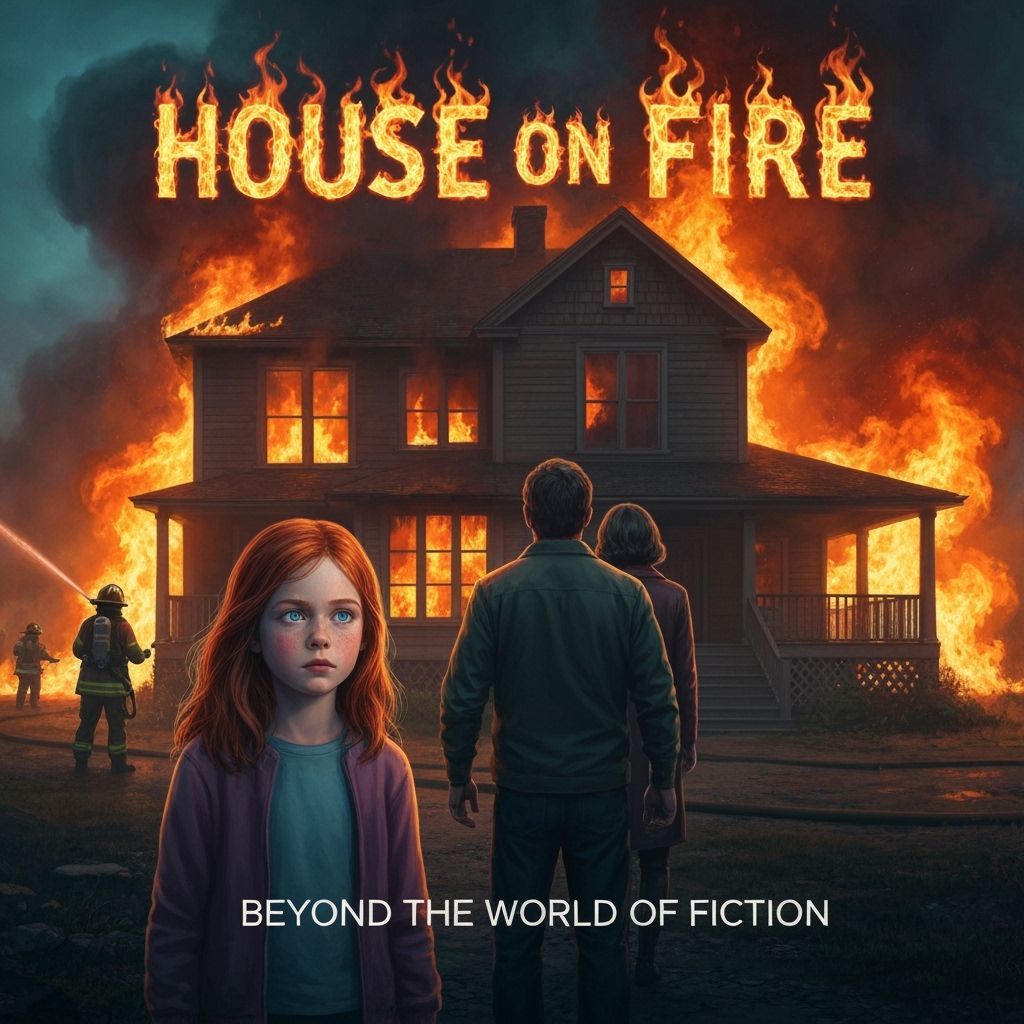 Family Watches Burning House in Matte Painting Style