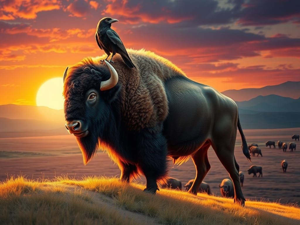 Regal Bison Duo Amidst Vibrant Sunset Landscape