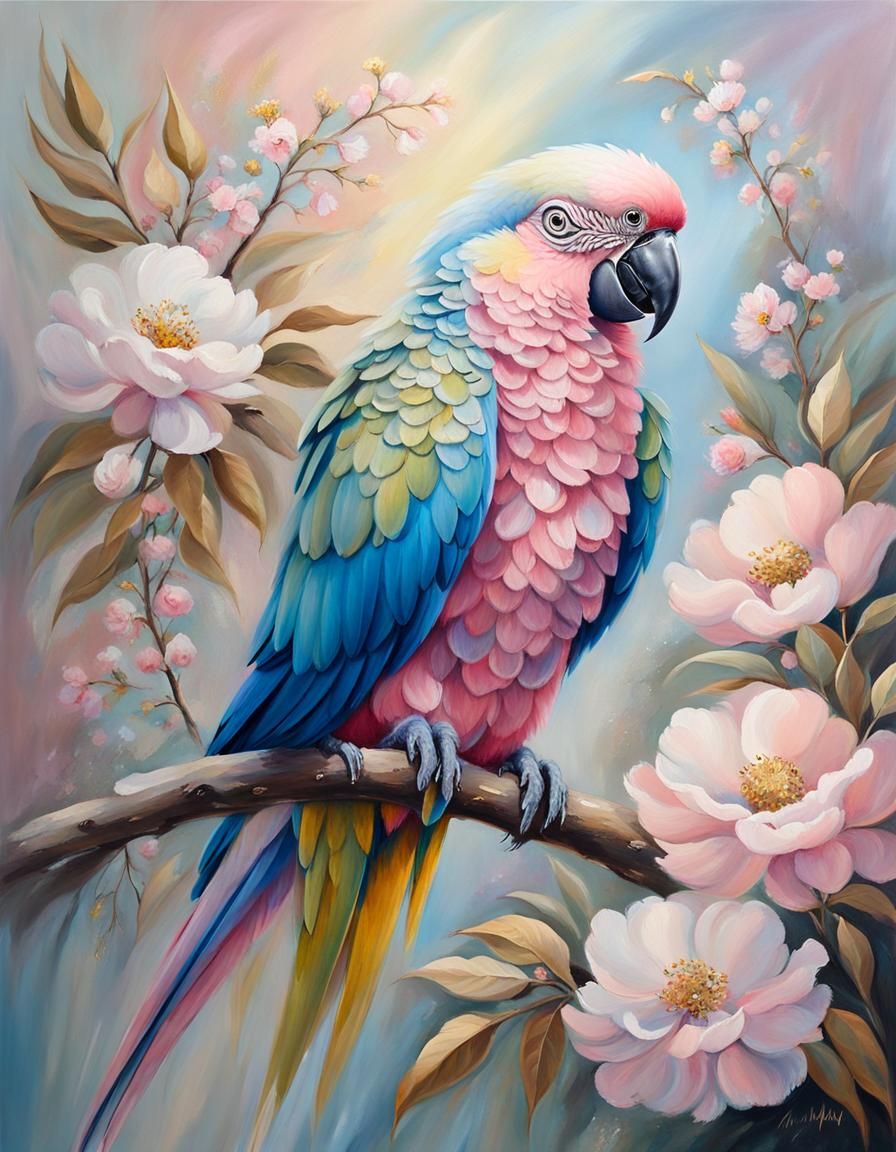 Pastel Parrot in Oil Paint with Gold Eyes