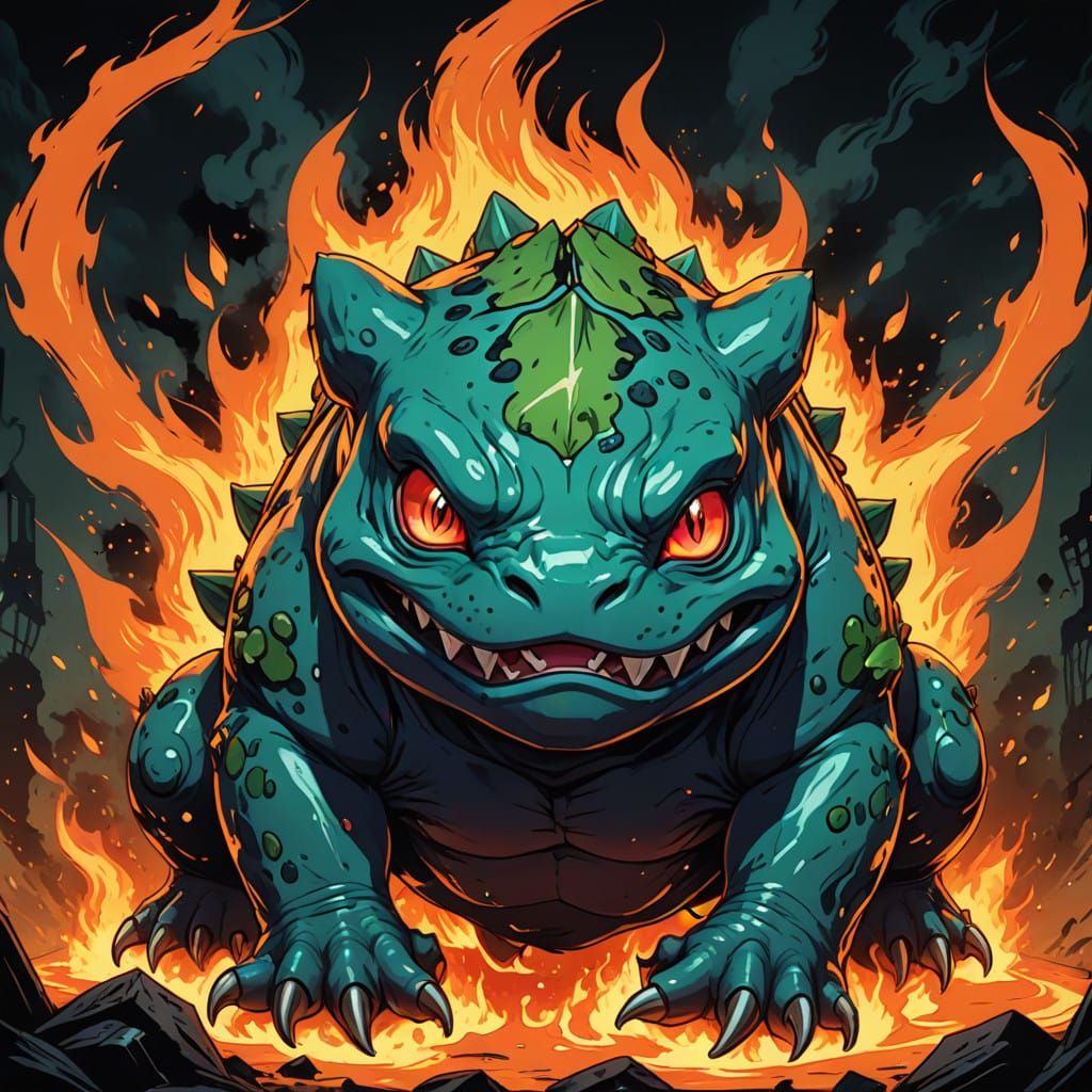 Demonic Shadowfire Bulbasaur in Cel-Shaded Anime Style