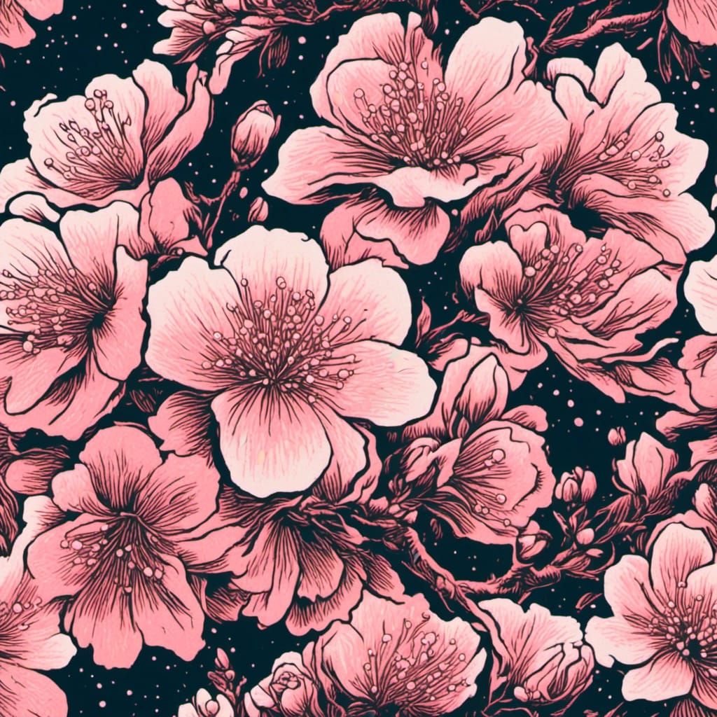 Light Pink Sakura Blossom in Linocut Style