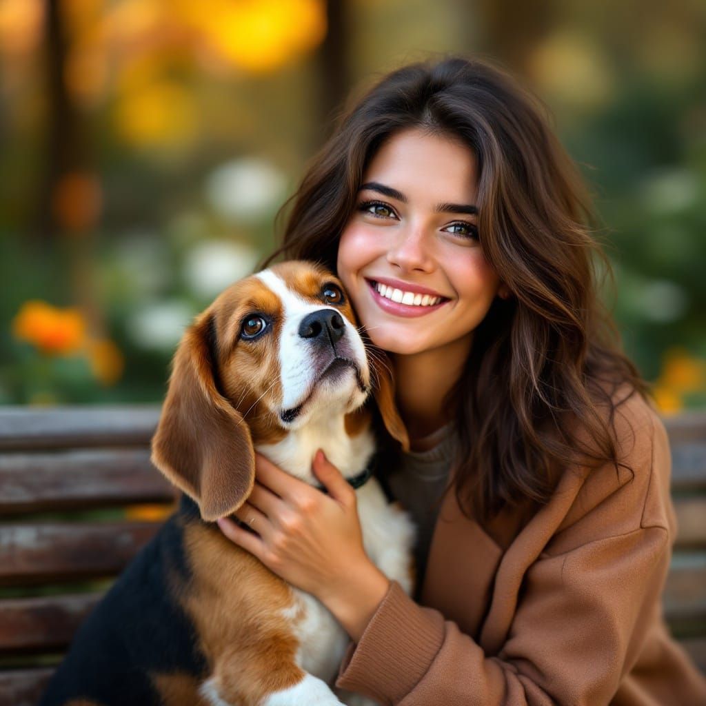 Vibrant Portrait of Joyful Young Woman with Beagle in Serene...