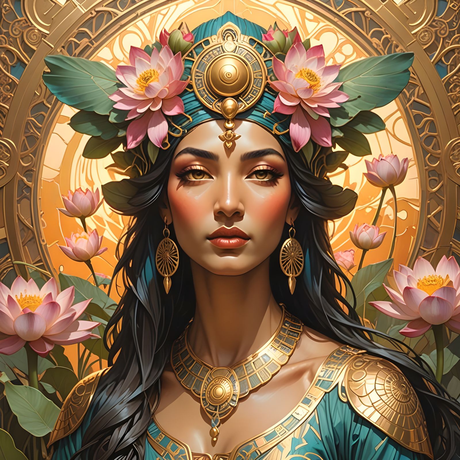 Goddess Isis with Lotus Flowers in Art Nouveau Style