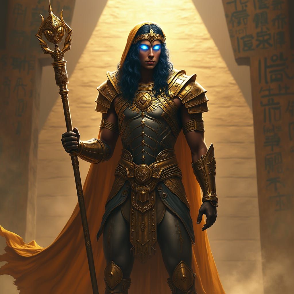 Ancient Egyptian Warrior with Glowing Eyes and Golden Staff