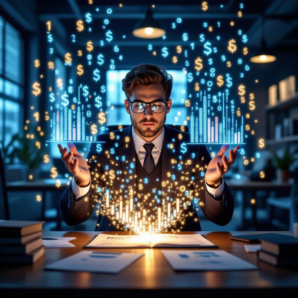 Magical Accountant Conjuring Light Numbers in Enchanted Offi...