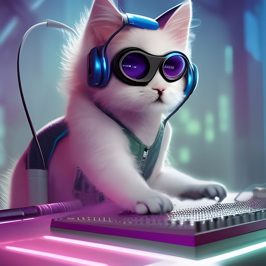 Cyberpunk Kitten DJ Plays Synth in Neon City
