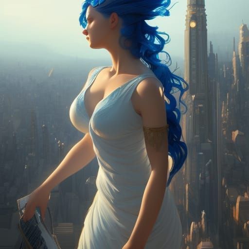 Blue-Haired Giantess Over Miniature City, Hyperdetailed Art