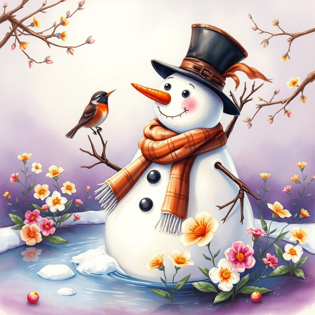 Melting Snowman Surrounded by Spring Flowers