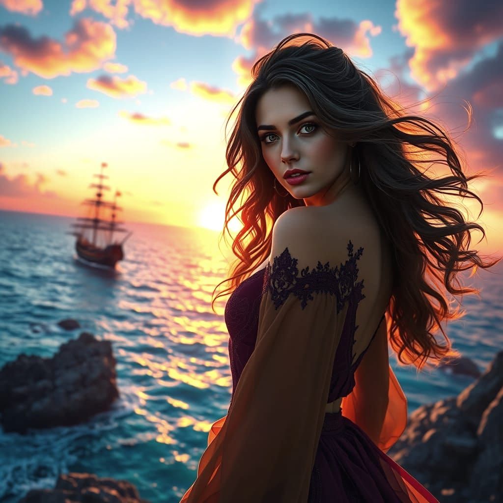 A captivating portrait of a woman with flowing hair, set against a vibrant sunset over the ocean. A ship sails in the ba...