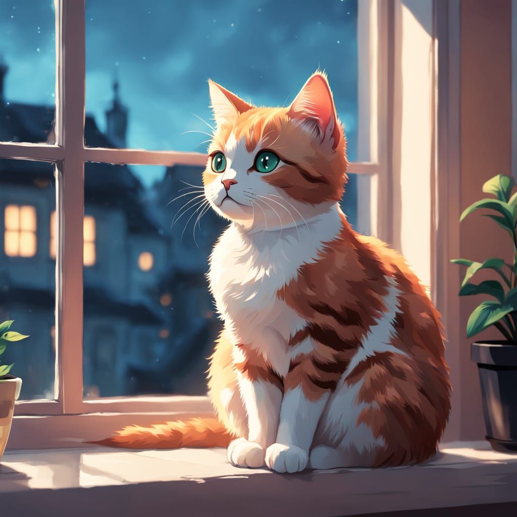 Anime-Style Cat Window Scene
