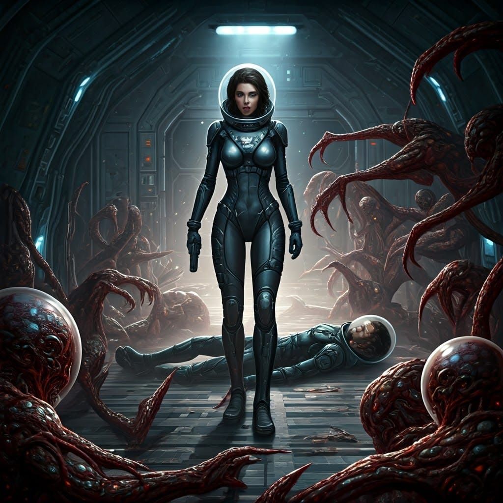 Space Woman Defends Ship from Alien Infestation