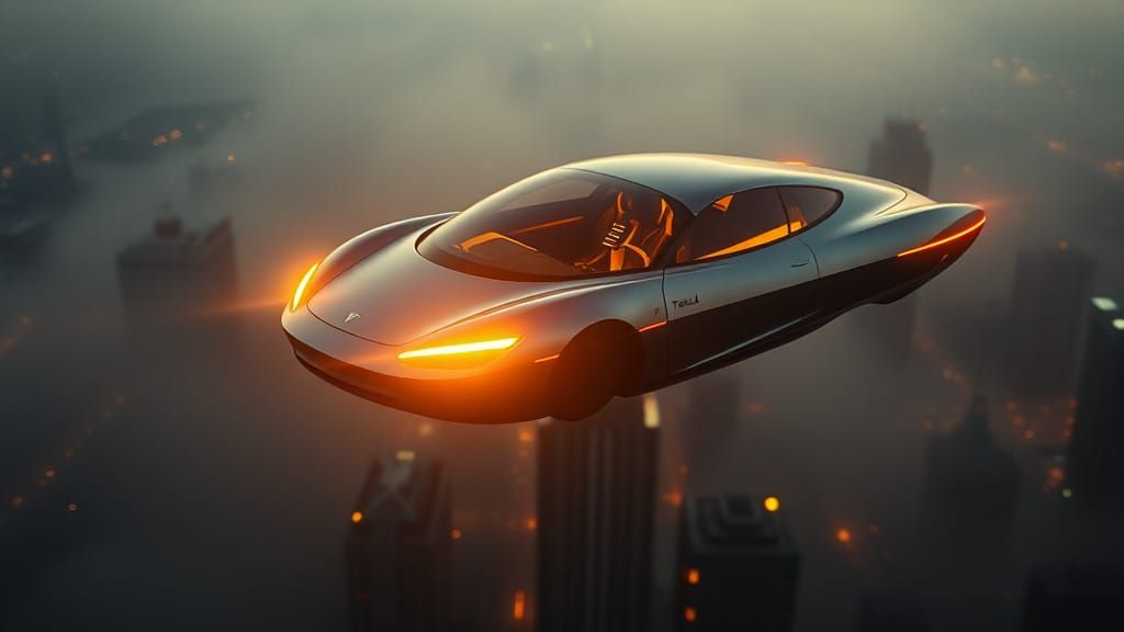 Futuristic Tesla Fly Taxi in Misty Cityscape