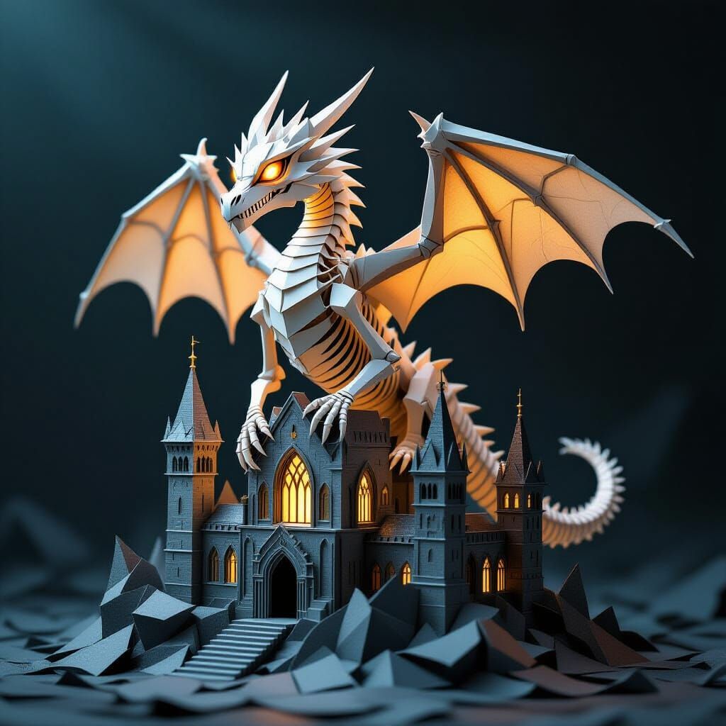 Paper Dragon on Cardstock Castle - Dark Fantasy Art