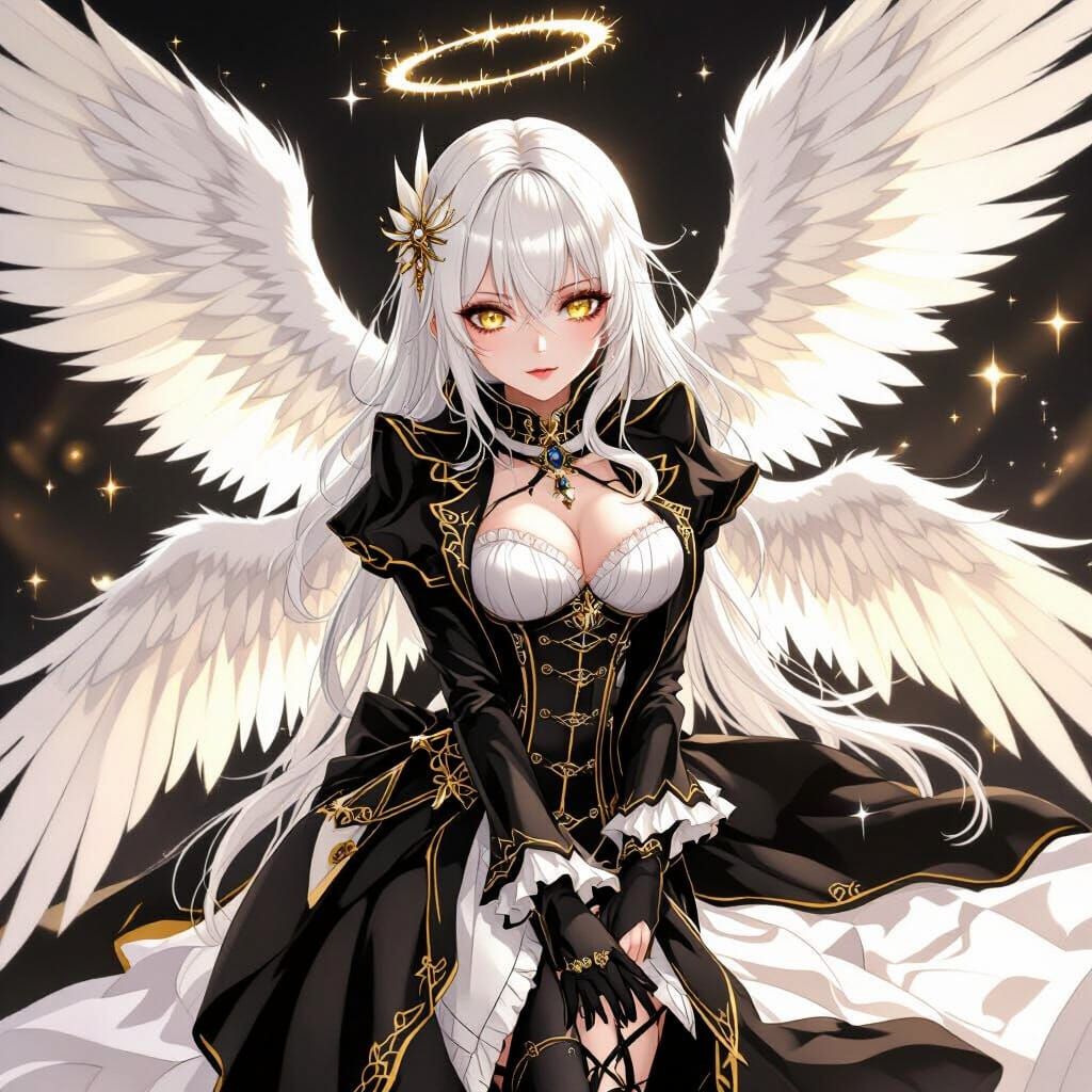 Mysterious Angel Gabriel in Gothic Attire with White Wings