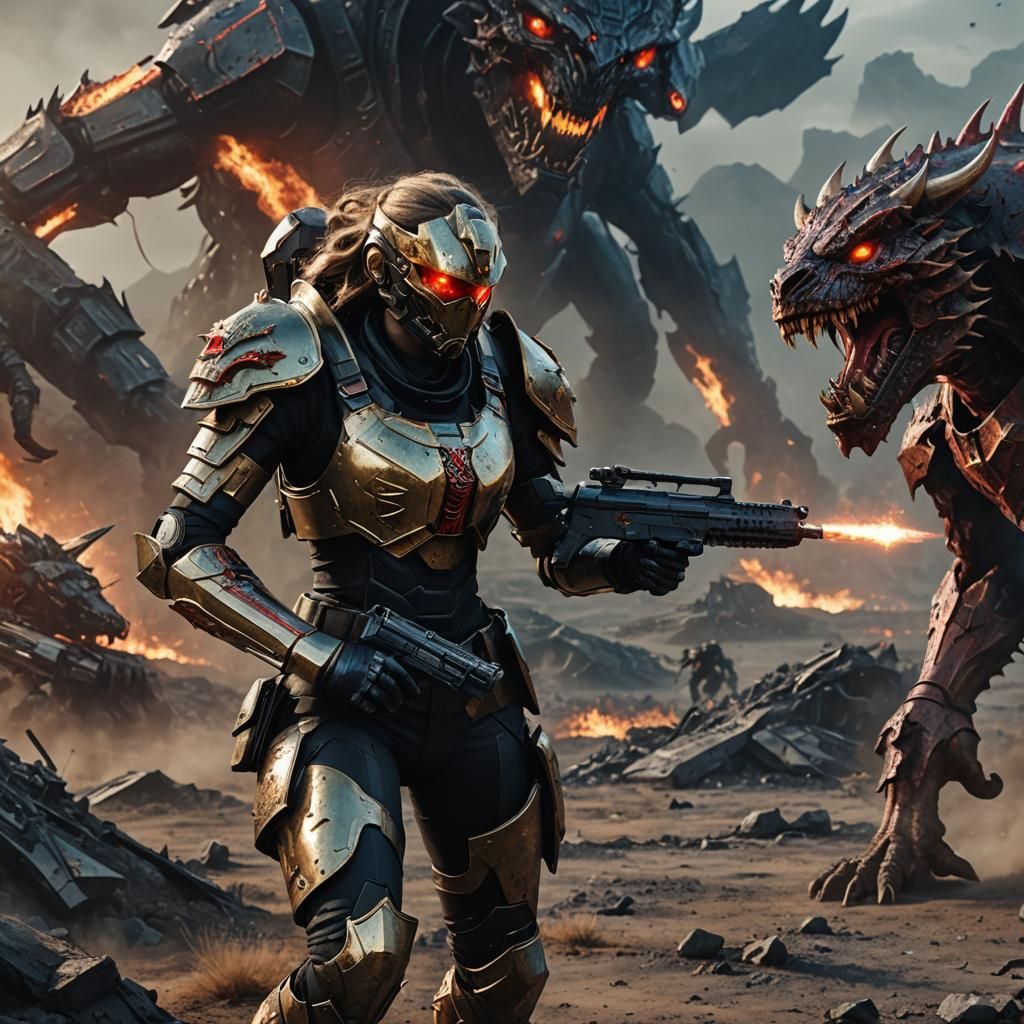 Female Soldier Fighting Demon in Hellish Landscape