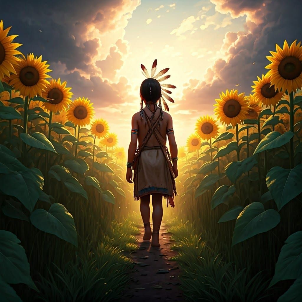 Surreal Native American Indian in Vast Sunflower Meadow