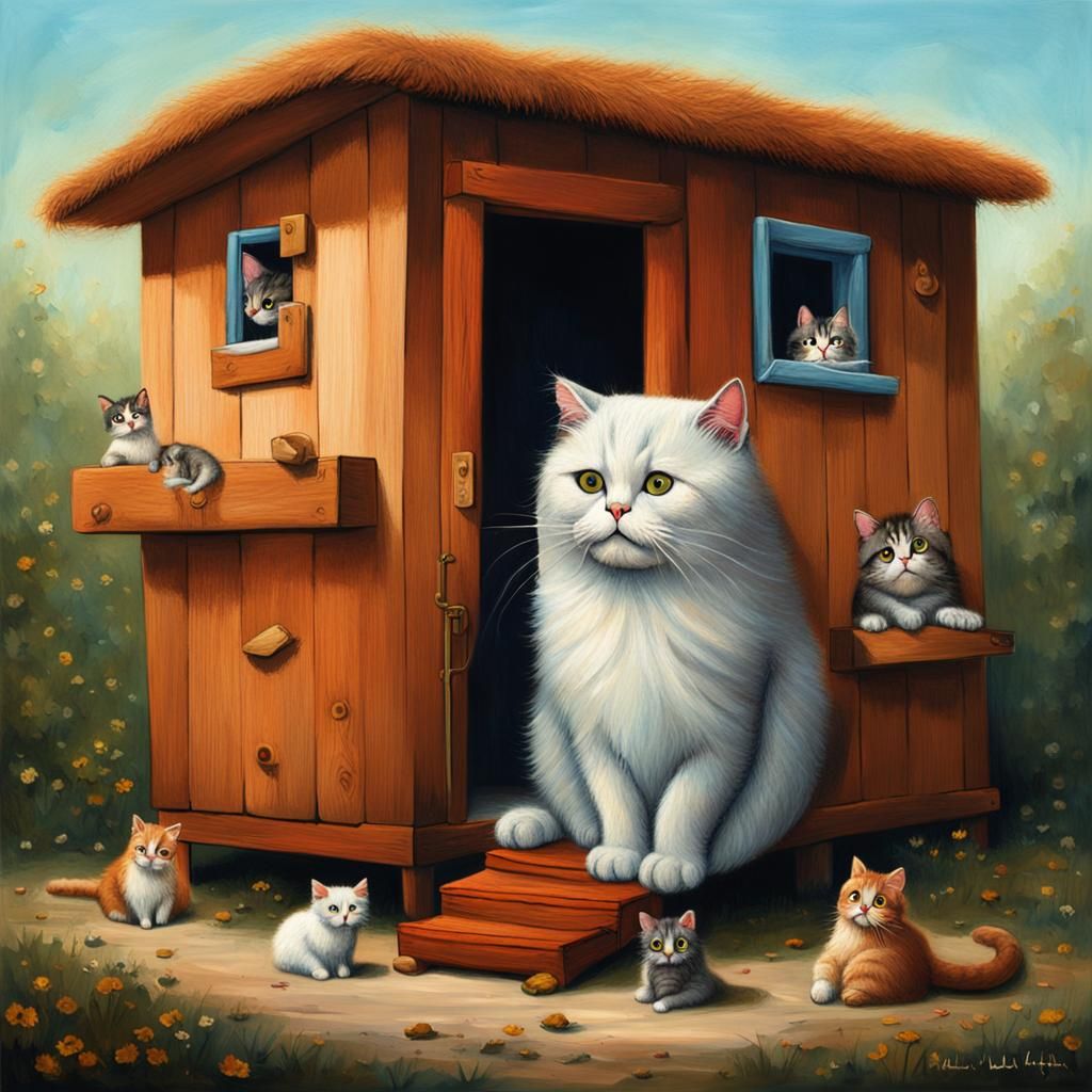 Whimsical Cat House in Primitivism Impasto Style