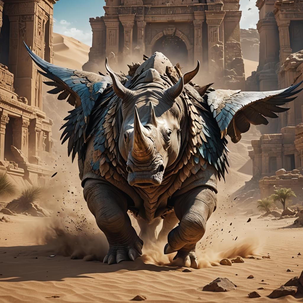 Eagle-Headed Rhino Charges Through Ancient Ruins