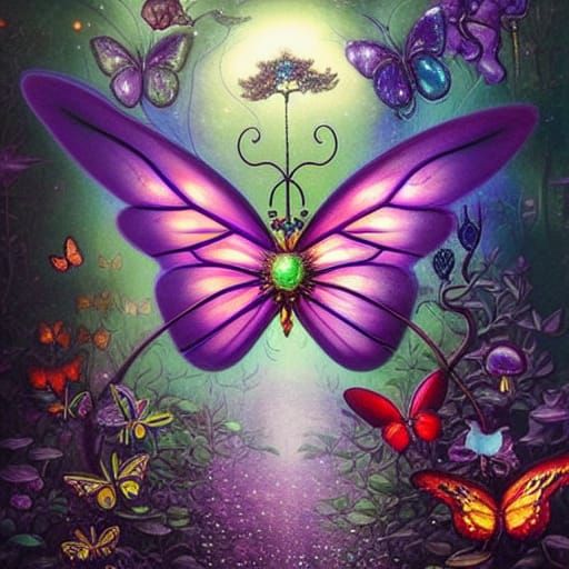 Iridescent Butterfly People in Magical Night Forest