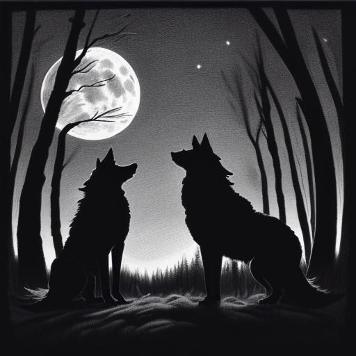 Wolves Howling in Forest: Pen and Ink Silhouette