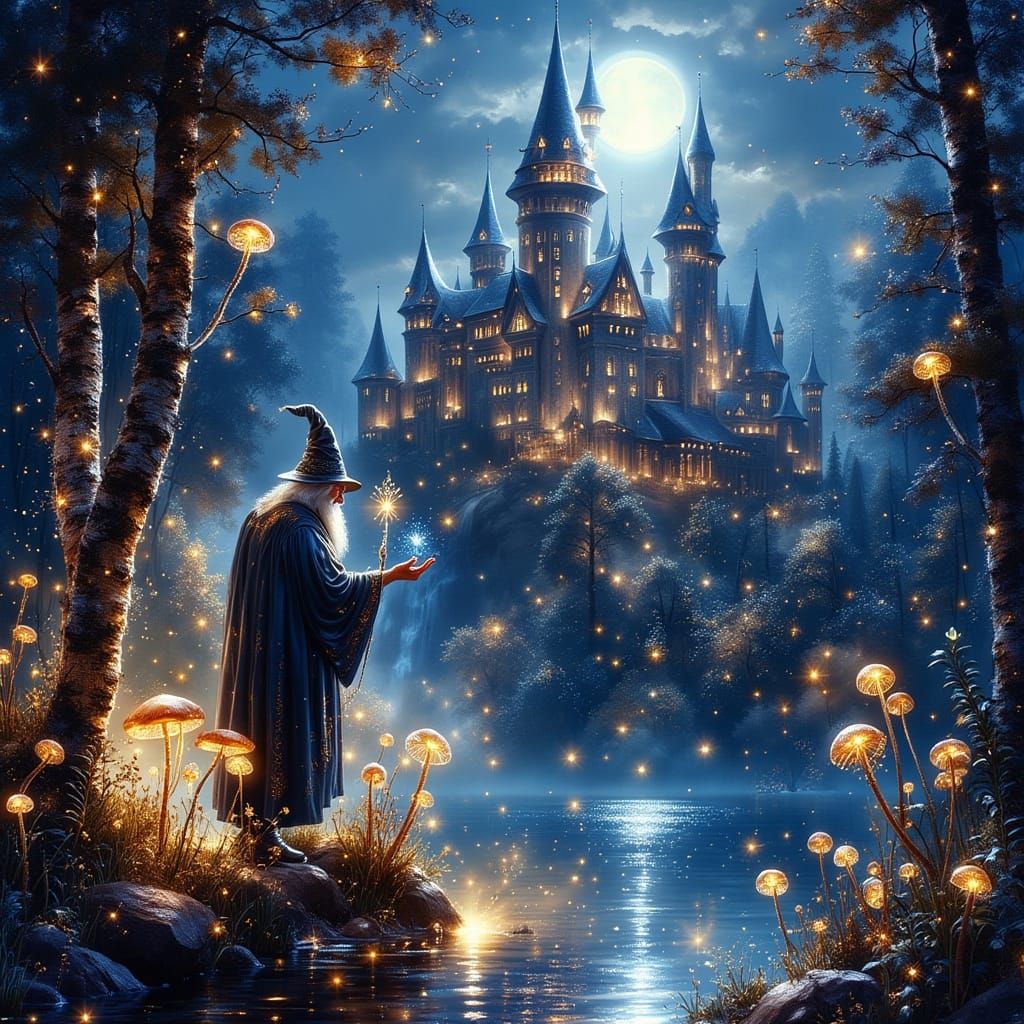 Whimsical Fantasy Castle at Dusk with Wizard and Fairies