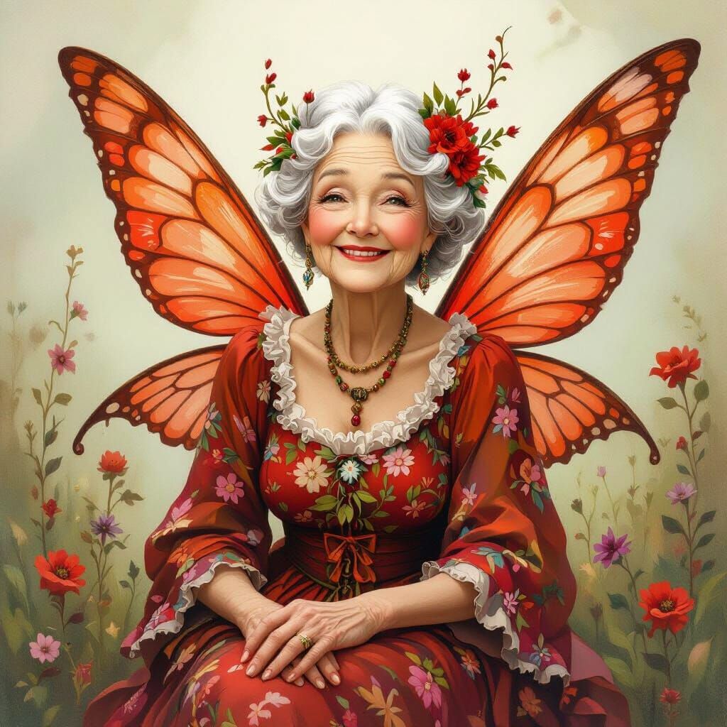 Elegant Red Fairy Grandmother in Floral Dress