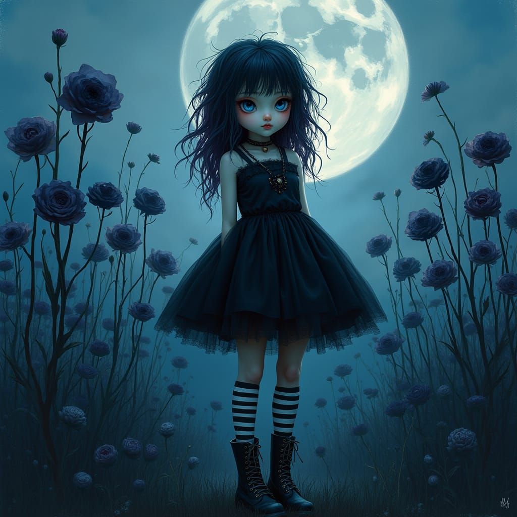 Goth Girl Amidst Blue Flowers in a Haunting, Grungy Aestheti...