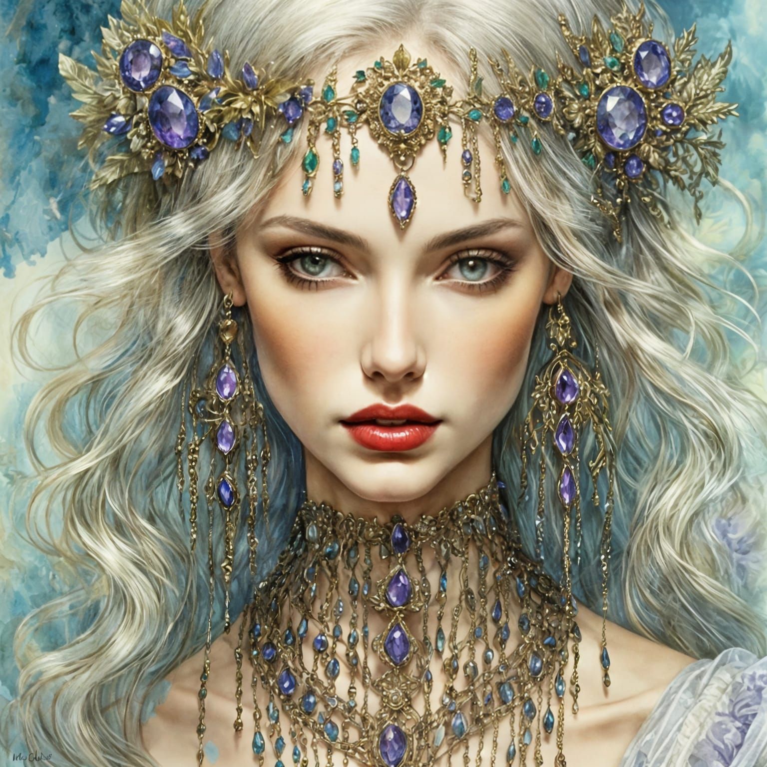 Renaissance Woman with Amethyst Necklace in Garden