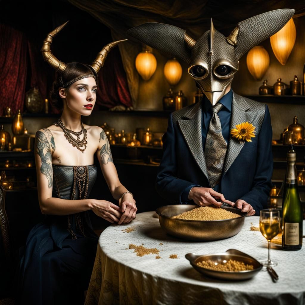 Surreal Restaurant Scene with Exotic Aliens in Masterpiece