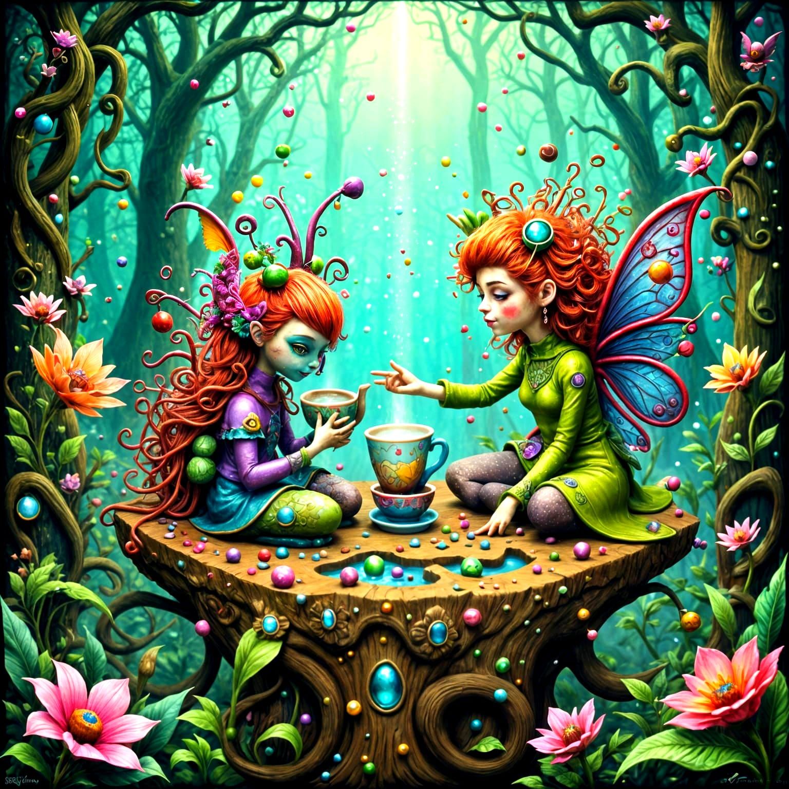 Magical Fairy Teapot Set on Tree Stump in Vibrant Watercolor...