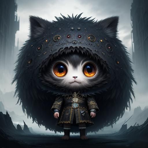 Cute Fluffy Creature with Chibi Eyes: Digital Art