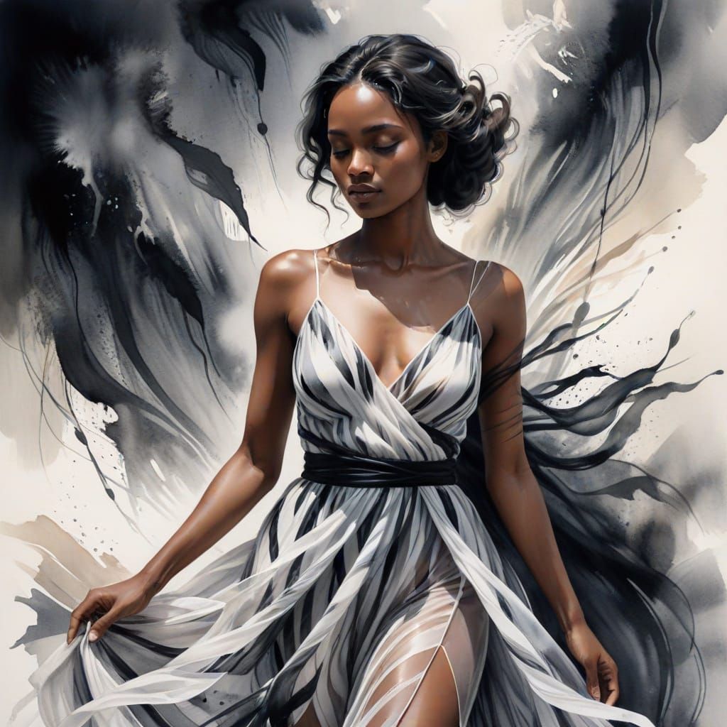 Ethereal Caribbean Woman in Delicate Watercolor Stripes