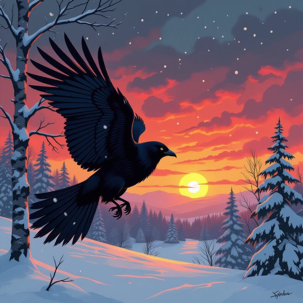 Raven Soaring Over Winter Landscape in Dramatic Style