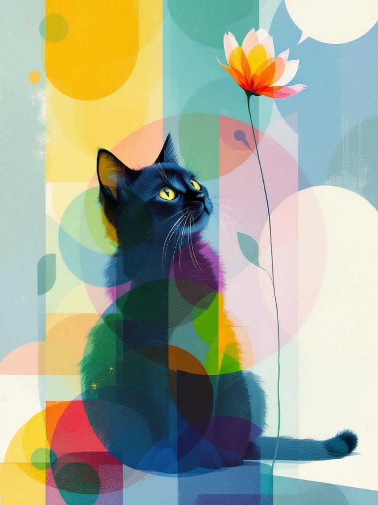 Cat Under Flower in Abstract Expressionist Style